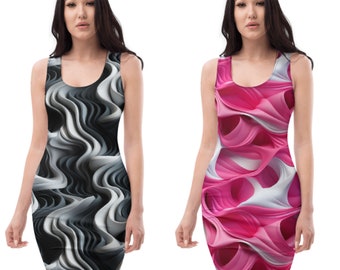 Puede incluir: Dos vestidos ajustados sin mangas. Un vestido presenta un patrón ondulado negro, blanco y gris. El otro vestido tiene un diseño ondulado rosa, blanco y magenta. Ambos vestidos tienen cuello redondo y son entallados.