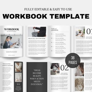 Pode incluir: Um modelo de caderno de trabalho minimalista com o texto "WORKBOOK TEMPLATE" em negrito e preto. As páginas internas apresentam texto e imagens, incluindo um "Sumário" e uma seção rotulada "01". A imagem inclui o texto "FULLY EDITABLE & EASY TO USE".
