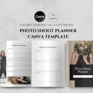 Puede incluir: Una plantilla de planificador en blanco y negro para una sesión de fotos. La portada presenta a una mujer con flores que le cubren la cara. El texto en la portada dice "Photo Shoot Planner".