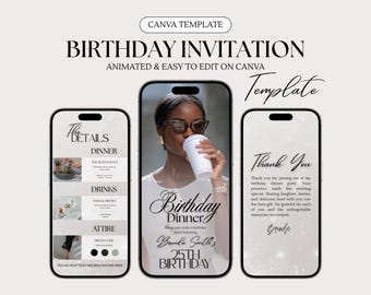 Digital Birthday Invitation, Editable Template, Phone Invitation, Digital Birthday, Animated Invitation, Adult Invitation, Birthday Dinner