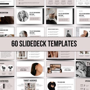 May include: A digital presentation template with a light pink and white color scheme. The image displays various slide layouts with text and images, including the text "60 SLIDEDECK TEMPLATES". The slides feature placeholders for titles, images, and data.
