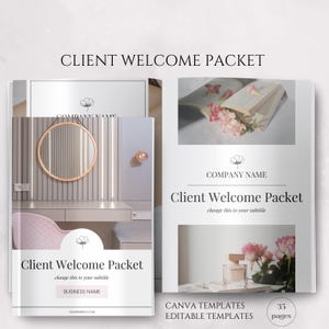 Op de afbeelding: Een welkomstpakket sjabloon voor klanten met 35 pagina's. De omslag toont een roze stoel, een kaptafel met een spiegel en een bloemenontwerp. De tekst op de omslag luidt "Client Welcome Packet" en "change this to your subtitle".