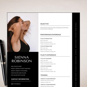 May include: A black and white resume template with a headshot of a young woman. The resume includes sections for objective, performance experience, film/TV experience, training, and contact information.