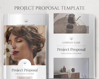 May include: A project proposal template with a minimalist design. The cover features a woman with a flower and the text "Project Proposal" and "Business Name". The inside pages feature a simple design with a company name and the text "Project Proposal".