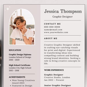 May include: A resume for Jessica Thompson, a graphic designer. The resume includes her contact information, a brief about me section, education, work experience, and achievements. The resume is designed with a modern, minimalist aesthetic.