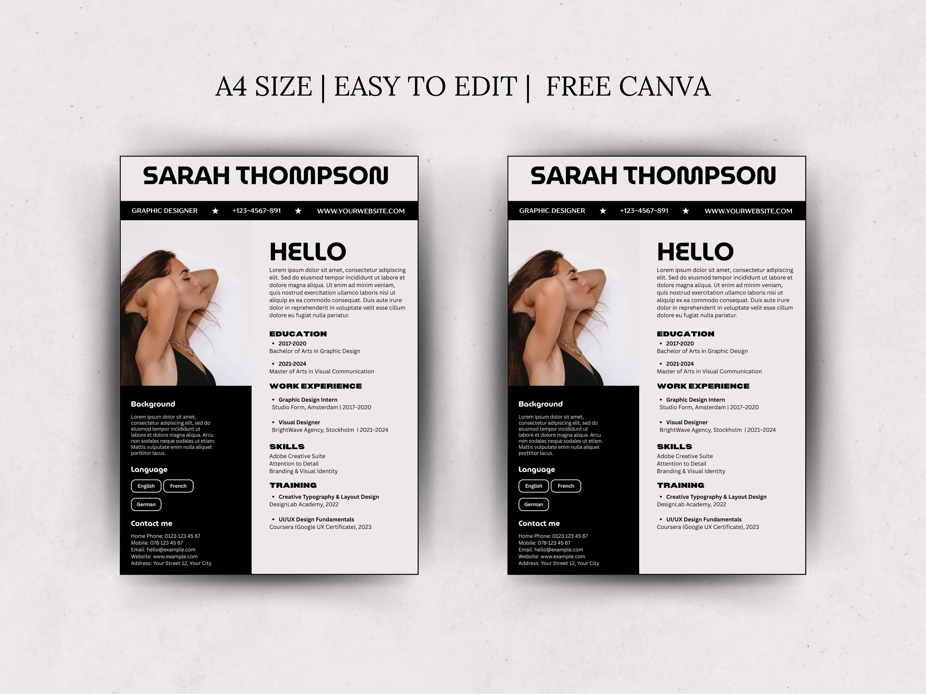 Canva Resume Template With Photo Editable Professional Resume Layout ...