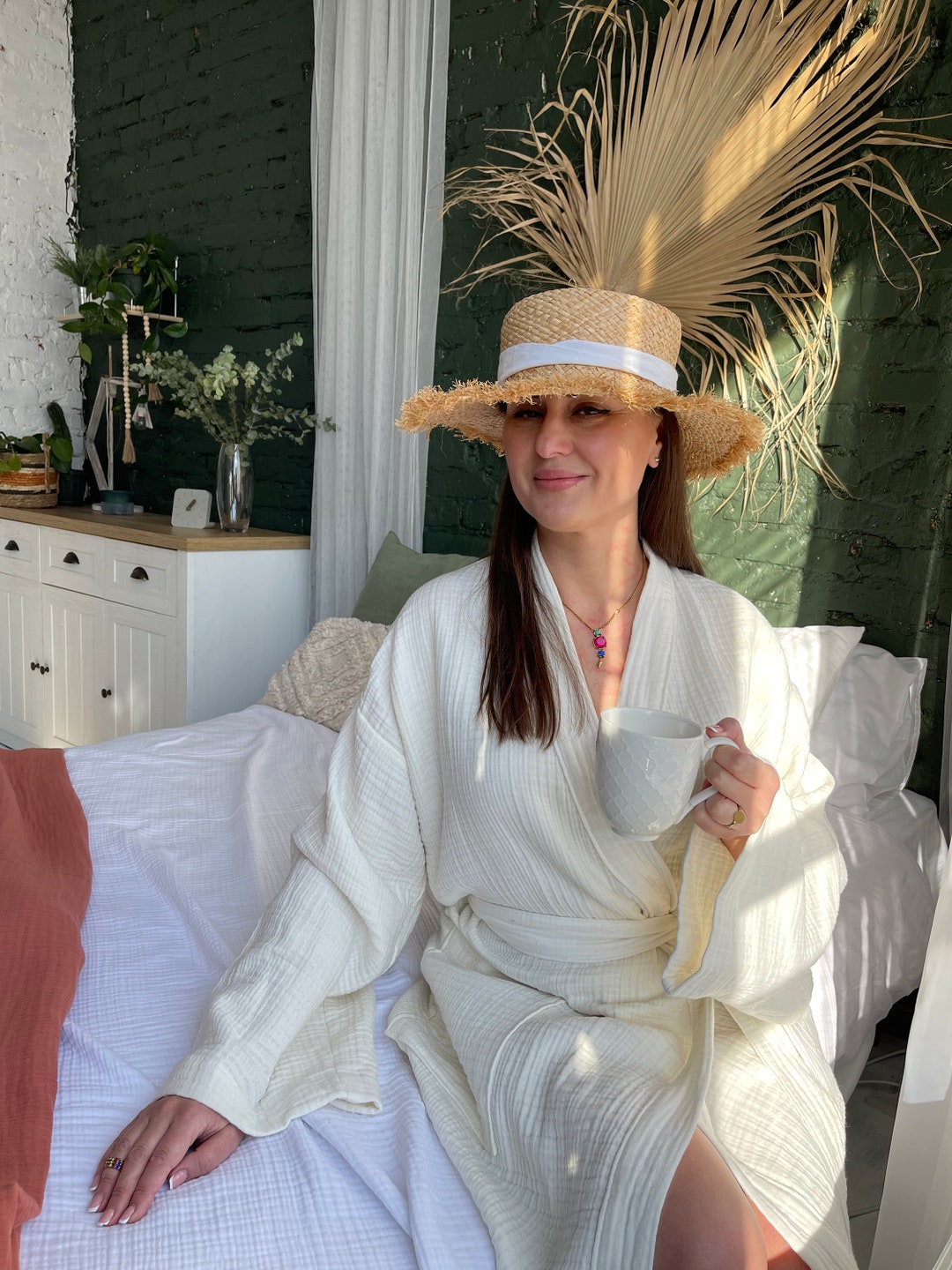 MUSLIN GAUZE Cotton Kimono ROBE Woman Sage Green Ivory Mustard White