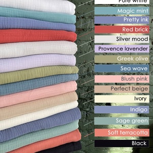 May include: A stack of 15 different colored fabric swatches, including pure white, magic mint, pretty ink, red brick, silver mood, provence lavender, greek olive, sea wave, blush pink, perfect beige, ivory, indigo, sage green, soft terracotta, and black.