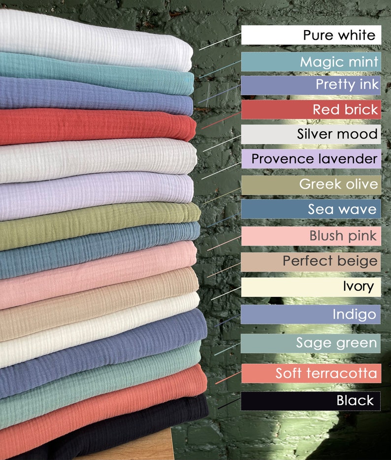 May include: A stack of 15 different colored fabric swatches, including pure white, magic mint, pretty ink, red brick, silver mood, provence lavender, greek olive, sea wave, blush pink, perfect beige, ivory, indigo, sage green, soft terracotta, and black.