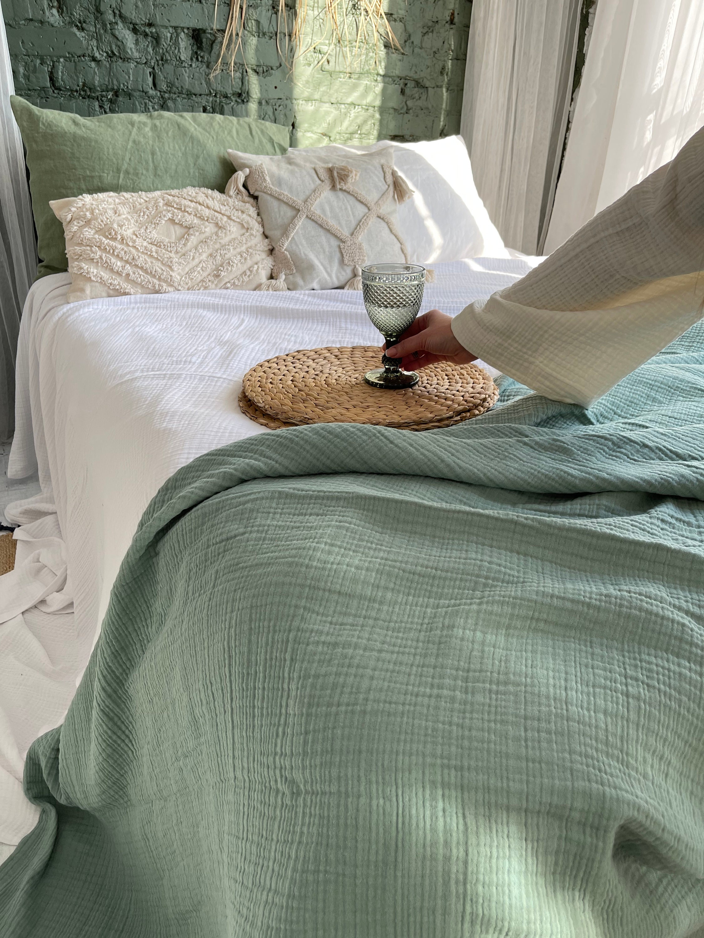 Sage green online bed throw