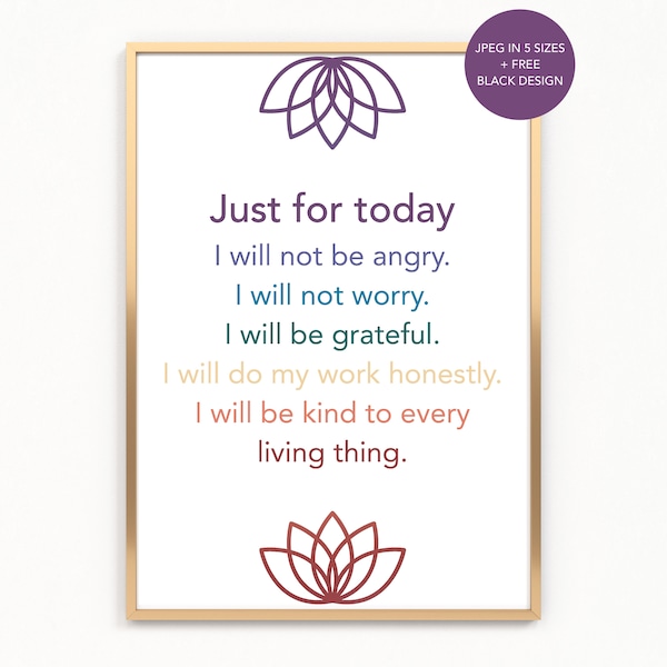 Reiki Wall Art, Reiki Principles and Lotus, Just for today, Poster in Chakra colors and black, printable JPEG in 5 sizes, Instant Download