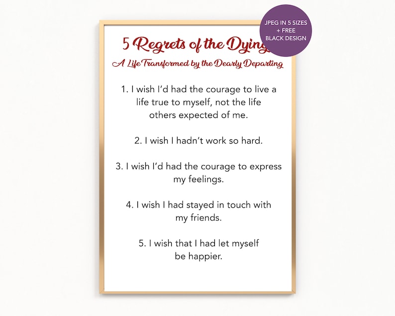 Top five regrets of the dying bronnie ware poster in red and etsy