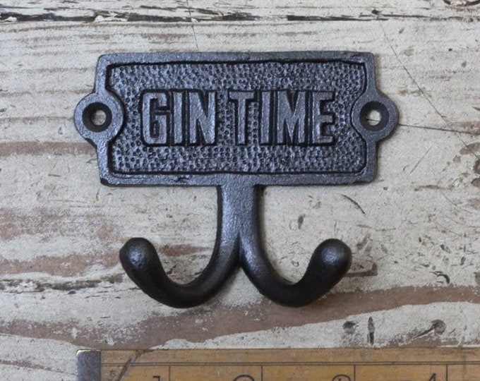 GIN TIME \ Cast Iron Double Coat Hook \ Antique Style Rustic Industrial Hooks \ Pack of 1 or 3