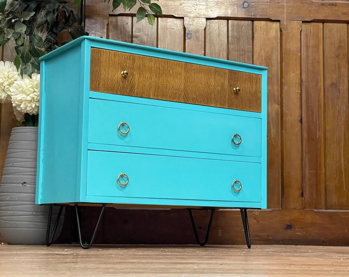 Vintage Small Oak Chest of Drawers \ Painted Bedside Table \ Mid Century Storage