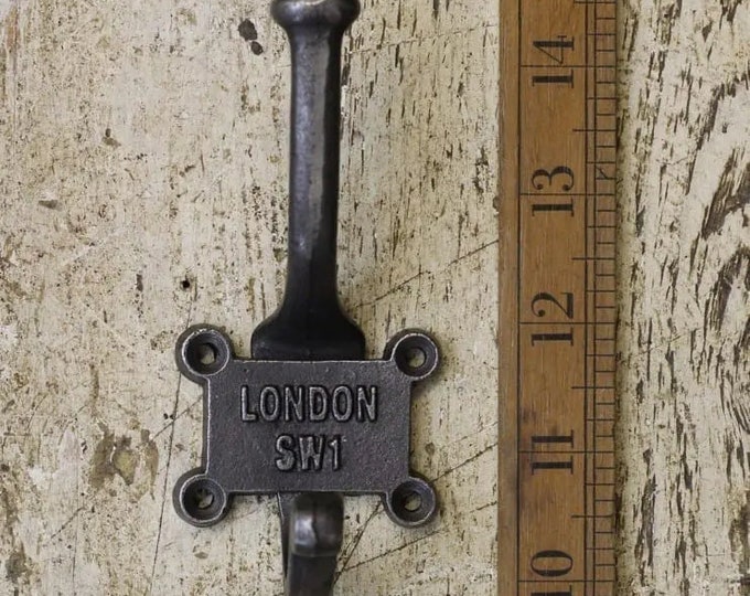 LONDON SW1  \ Cast Iron Double Coat Hook \ Antique Style Rustic Industrial Hooks \ Pack of 1 or 5