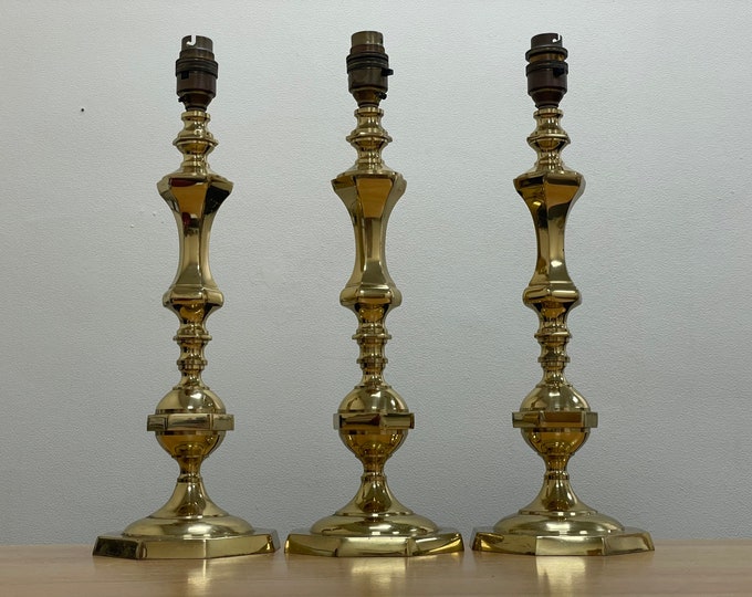 Trio of Tall Vintage Solid Brass Table Lamps \ Retro Lighting \ Candlestick Style Desk Lamp