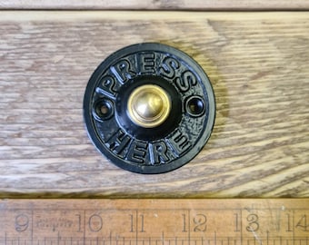 BLACK PRESS HERE \ Antique Style Cast Iron & Solid Brass Door Bell Press \ Rustic Industrial Door Furniture