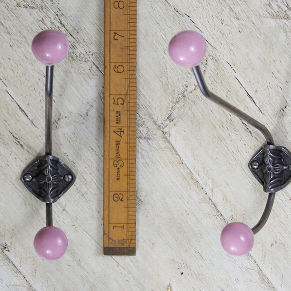 ATOMIC PINK \ Retro Ceramic Double Coat Hook \ Antique Style Rustic Industrial Hooks \ Pack of 1 or 5 \