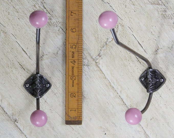 ATOMIC PINK \ Retro Ceramic Double Coat Hook \ Antique Style Rustic Industrial Hooks \ Pack of 1 or 5 \