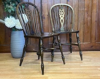 Pair Vintage Glenister Windsor Dining Chairs \ Wheel Back Elm Kitchen Chairs