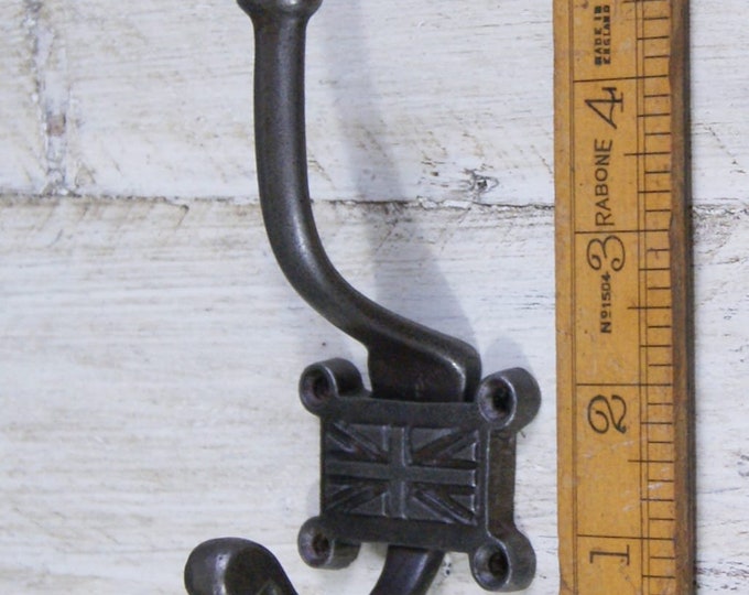 UNION JACK \ Cast Iron Double Coat Hook \ Antique Style Rustic Industrial Hooks \ Pack of 1 or 5