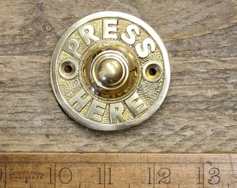 BRASS PRESS HERE \ Solid Brass Door Bell Press \ Rustic Industrial Door Furniture