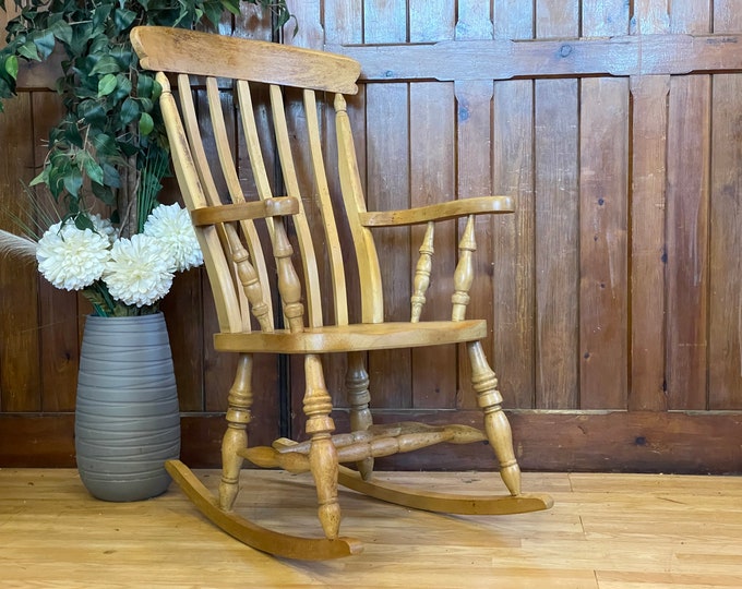 Rustic Farmhouse Spalted Beech Rocking Chair \ Vintage Lathe Back Fireside Chair