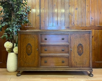 Large Vintage Rustic Oak Sideboard \ Oak Dresser Base \ Cupboard Storage