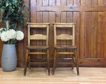 Pair of Vintage Elm Seated Kitchen Chairs \ Sunday School Chapel Chairs