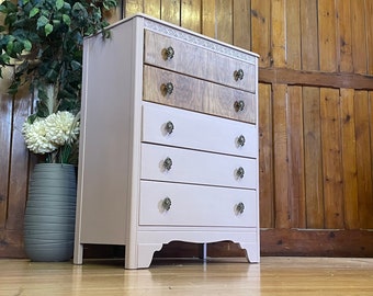 Vintage Walnut Chest of Drawers by Lebus \ Pink Tallboy Chest of Drawers \ Retro Storage Draws