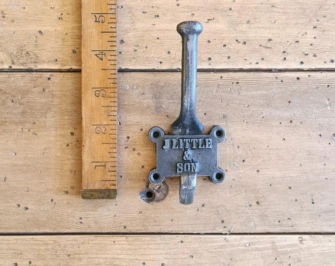 J LITTLE & SON \ Cast Iron Double Coat Hook \ Antique Style Rustic Industrial Hooks \ Pack of 1 or 5 \