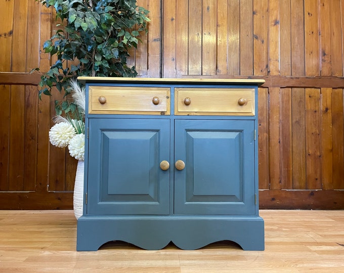 Vintage Pine Painted Blue Sideboard \ Rustic Farmhouse Dresser Base \ Blue Drinks Cabinet
