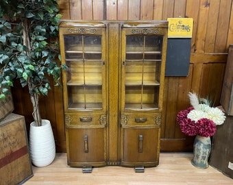 Vintage Glazed Art Deco Display Cabinet \ Glass Gin Cabinet \ Drinks Cupboard \ Oak Display Case