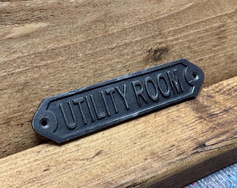 UTILITY ROOM \ Cast Iron Room Door Plaque \ Vintage Industrial Wall Sign