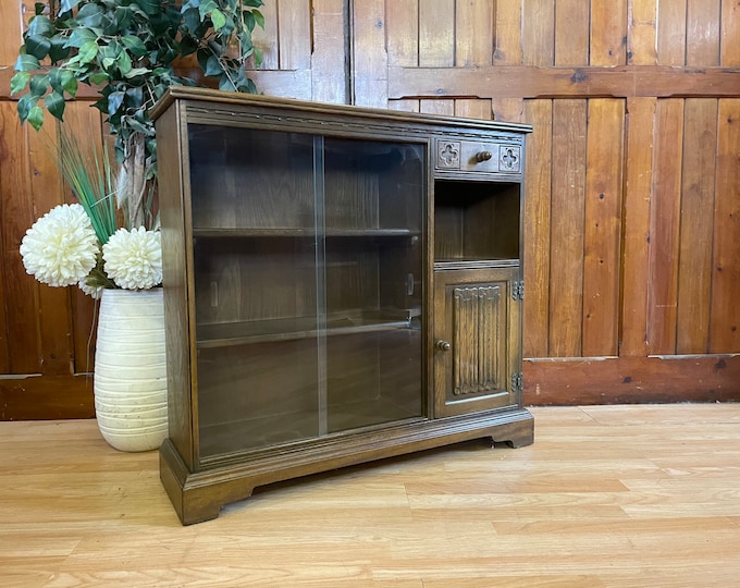 Vintage Narrow Glazed Bookcase and Cupboard by Old Charm \ Oak Console Table \ Sideboard