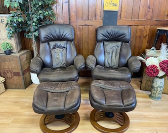 Pair of Retro Leather Recliners with Footstools \ Brown Tan Leather Arm Chairs \ Lounge Chairs