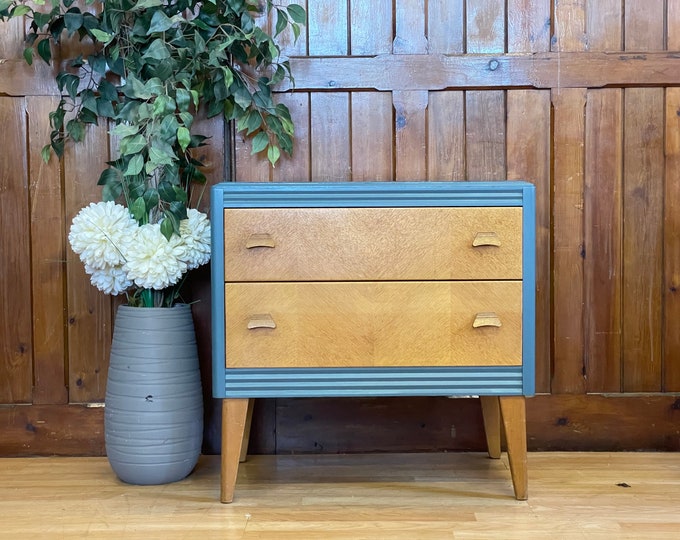 Mid Century Oak Chest of Drawers by Lebus \ Retro Painted Blue Bedside Table