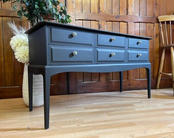 Vintage Painted Black Stag Minstrel Sideboard \ Retro Console Table \ Chest of Drawers  \ Dressing Table