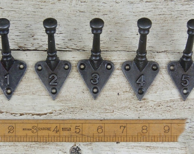 1-5 ARTS & CRAFTS \ Set of 5 Cast Iron Double Coat Hooks \ Antique Style Rustic Industrial Hooks \