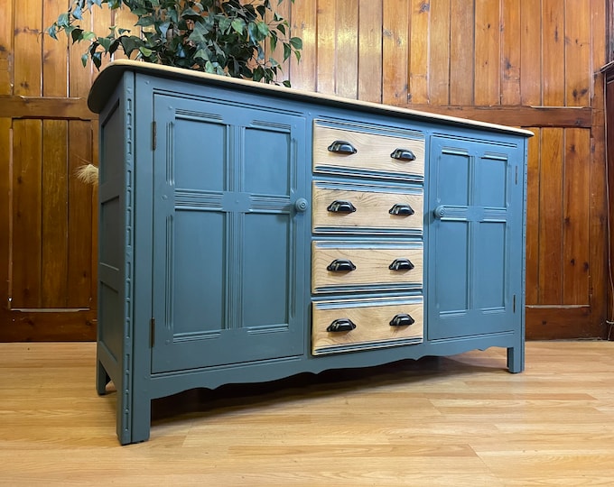 Vintage Ercol Painted Sideboard \ Elm Farmhouse Dresser Base \ Blue Drinks Cabinet Cupboard