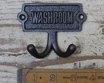 WASHROOM \ Bathroom Cast Iron Double Coat Hook \ Antique Style Rustic Industrial Hooks \ Toilet \ Pack of 1 or 3