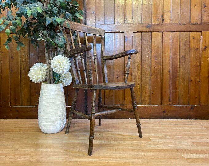 19th Century Grandfather Spindle Back Chair \ Antique Elm & Ash \ Great Character Patina