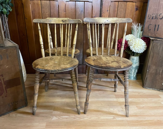 Close Set of 4 Antique Elm and Ash Penny Chairs \ Farmhouse Dining Chairs \