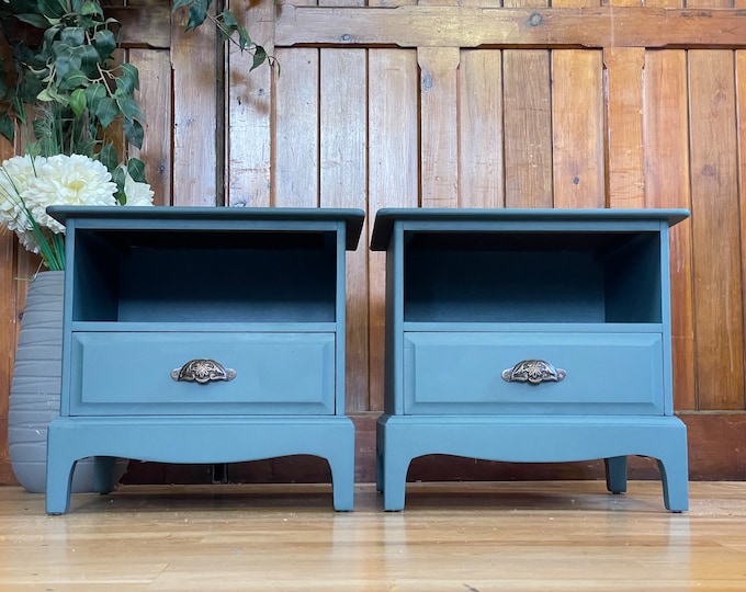 Vintage Pair Stag Minstrel Bedside Tables \ Painted Blue Bedside Drawers