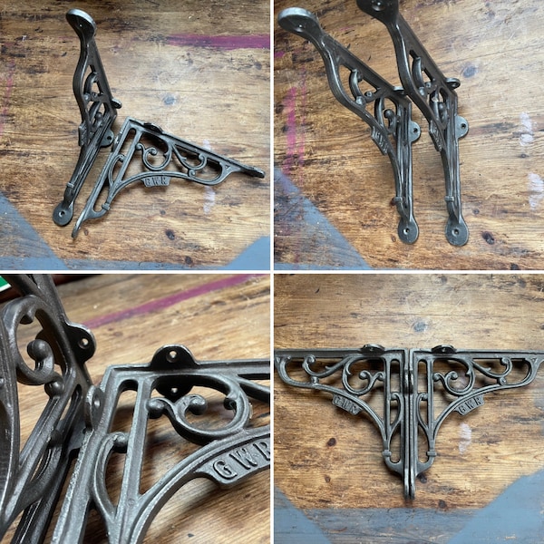 PAIR \ GWR Cast Iron Shelf Brackets \ Vintage & Antique Style Shelving Supports \ Great Western Railway