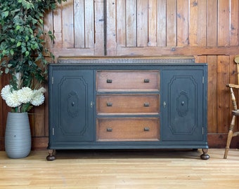 Large Vintage Oak Sideboard \ Black Oak Drinks Cabinet \ Rustic Storage Cupboard