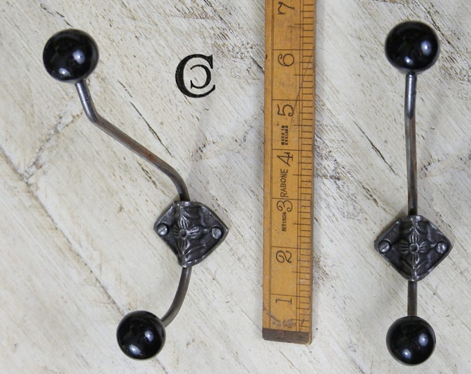 ATOMIC BLACK \ Retro Ceramic Double Coat Hook \ Antique Style Rustic Industrial Hooks \ Pack of 1 or 5 \