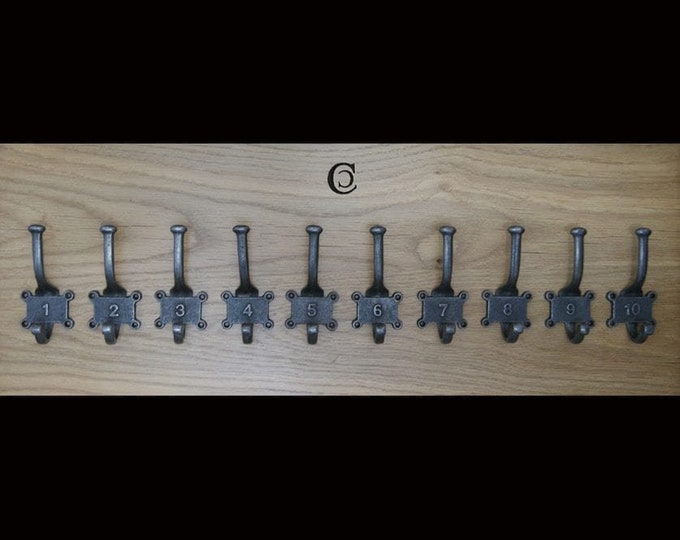 NUMBERED HOOKS 1-10 SET \ Cast Iron Double Coat Hook \ Antique Style Rustic Industrial Hooks \