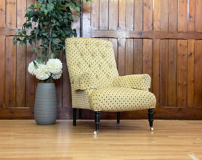 Antique French High Back Armchair \ Deep Button Fireside Chair