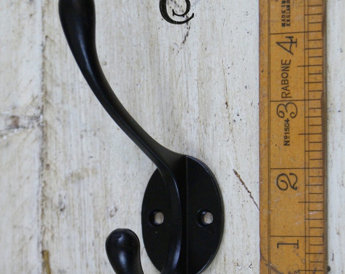 VICTORIAN BLACK \ Cast Iron Double Coat Hook \ Antique Style Rustic Industrial Hooks \ Pack of 1 or 5